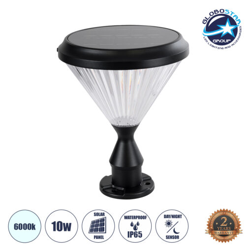 GloboStar® SHARP 90533 Αυτόνομο Ηλιακό Φωτιστικό Κήπου – Κολωνάκι Αρχιτεκτονικού Φωτισμού Εξωτερικού Χώρου LED 10W 330lm 120° με Ενσωματωμένο Φωτοβολταϊκό Panel 6V 2W & Επαναφορτιζόμενη Μπαταρία Li-ion 3.2V 1800mAh με Αισθητήρα Ημέρας-Νύχτας – Αδιάβροχο IP65 – Σώμα Αλουμινίου & ABS – Φ26 x Υ33cm – Ψυχρό Λευκό 6000K – Μαύρο – 2 Χρόνια Εγγύηση