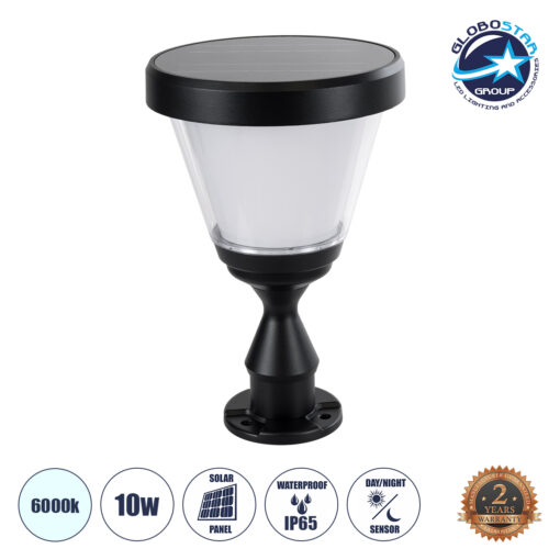 GloboStar® ARVENT 90534 Αυτόνομο Ηλιακό Φωτιστικό Κήπου – Κολωνάκι Αρχιτεκτονικού Φωτισμού Εξωτερικού Χώρου LED 10W 330lm 120° με Ενσωματωμένο Φωτοβολταϊκό Panel 6V 2W & Επαναφορτιζόμενη Μπαταρία Li-ion 3.2V 1800mAh με Αισθητήρα Ημέρας-Νύχτας – Αδιάβροχο IP65 – Σώμα Αλουμινίου & ABS – Φ24 x Υ36cm – Ψυχρό Λευκό 6000K – Μαύρο – 2 Χρόνια Εγγύηση