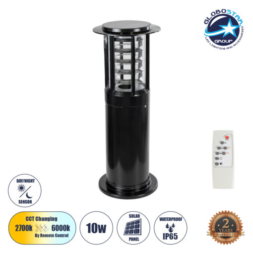 GloboStar® LUSCIOUS 90536 Αυτόνομο Ηλιακό Φωτιστικό Κήπου – Κολωνάκι Αρχιτεκτονικού Φωτισμού Εξωτερικού Χώρου LED 10W 330lm 120° με Ενσωματωμένο Φωτοβολταϊκό Panel 6V 2W & Επαναφορτιζόμενη Μπαταρία Li-ion 3.2V 1800mAh με Αισθητήρα Ημέρας-Νύχτας – Αδιάβροχο IP65 – Σώμα Αλουμινίου & ABS – Φ22 x Υ58cm – Εναλλαγή Φωτισμού μέσω Τηλεχειριστηρίου All In One Ψυχρό 6000K+Φυσικό 4500K+Θερμό 2700K Dimmable – Μαύρο – 2 Χρόνια Εγγύηση