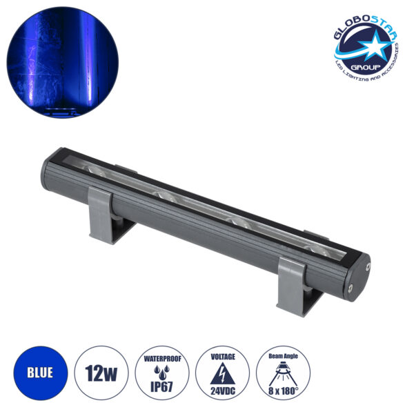 GloboStar® WINDOW-BARI 90539 Αρχιτεκτονικό Φωτιστικό Ανάδειξης Παραθύρων Window Light LED 12W 960lm 8×180° DC 24V Αδιάβροχο IP67 L30 x W4 x H3.5cm Μπλε – Γκρι Ανθρακί – 3 Years Warranty