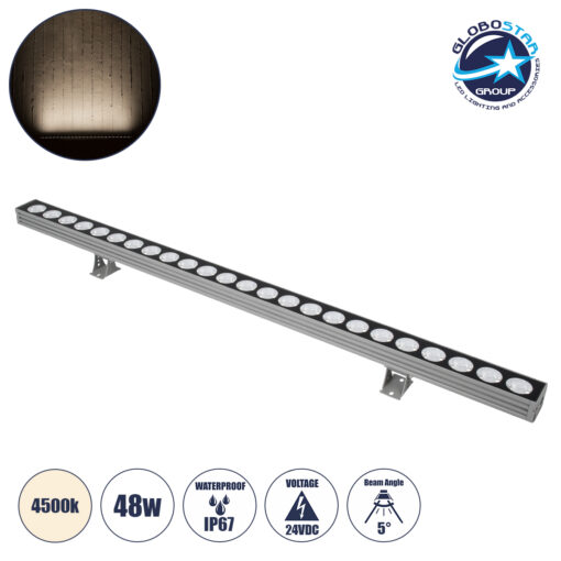 GloboStar® WASHER-JAVIA 90556 Μπάρα Φωτισμού Wall Washer LED 48W 4320lm 5° DC 24V Αδιάβροχο IP67 Μ100 x Π5.2 x Υ3.6cm (Υ8.5 με Βάση) Φυσικό Λευκό 4500K – Γκρι Ανθρακί – 3 Years Warranty