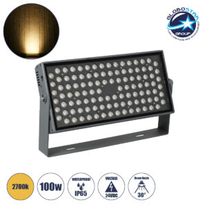 GloboStar® FLOOD-ZANA 90558 Προβολέας Wall Washer για Φωτισμό Κτιρίων LED 100W 9000lm 30° DC 24V Αδιάβροχο IP65 Μ45.5 x Π28 x Υ10cm Θερμό Λευκό 2700K – Γκρι Ανθρακί – 3 Years Warranty