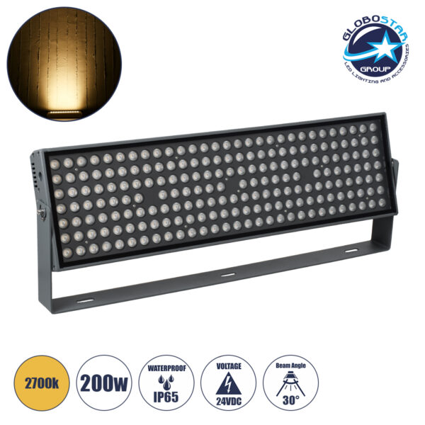 GloboStar® FLOOD-ZANA 90560 Προβολέας Wall Washer για Φωτισμό Κτιρίων LED 200W 18000lm 30° DC 24V Αδιάβροχο IP65 Μ70 x Π29 x Υ10cm Θερμό Λευκό 2700K – Γκρι Ανθρακί – 3 Years Warranty