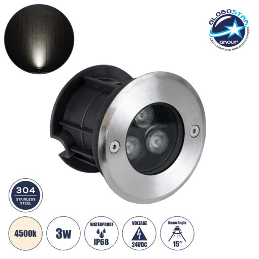 GloboStar® UNDERWATER-JULIA 90563 Υποβρύχιο Χωνευτό Φωτιστικό Σποτ Ειδικό για Σιντριβάνια LED 3W 285lm 15° DC 24V Αδιάβροχο IP68 Φ10 x Υ7.5cm Φυσικό Λευκό 4500K – Ανοξείδωτο Ατσάλι – 3 Years Warranty