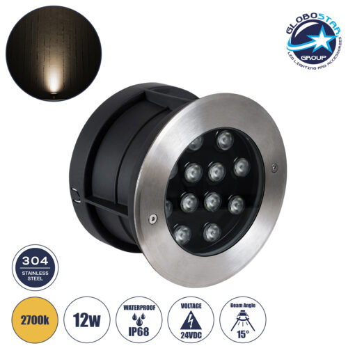 GloboStar® UNDERWATER-JULIA 90568 Υποβρύχιο Χωνευτό Φωτιστικό Σποτ Ειδικό για Σιντριβάνια LED 12W 1080lm 15° DC 24V Αδιάβροχο IP68 Φ18 x Υ11.2cm Θερμό Λευκό 2700K – Ανοξείδωτο Ατσάλι – 3 Years Warranty