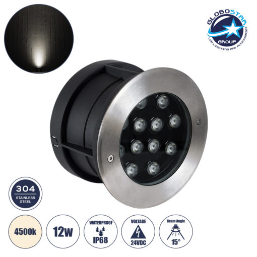 GloboStar® UNDERWATER-JULIA 90569 Υποβρύχιο Χωνευτό Φωτιστικό Σποτ Ειδικό για Σιντριβάνια LED 12W 1140lm 15° DC 24V Αδιάβροχο IP68 Φ18 x Υ11.2cm Φυσικό Λευκό 4500K – Ανοξείδωτο Ατσάλι – 3 Years Warranty