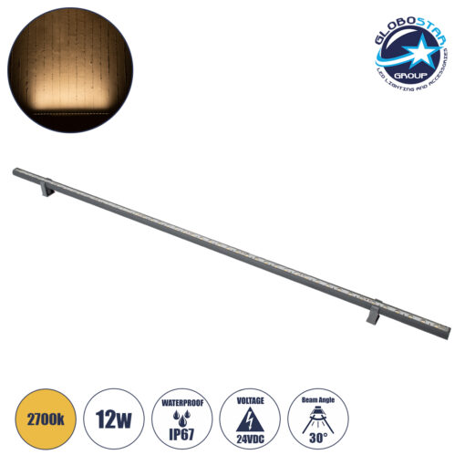 GloboStar® WASHER-STELLAR 90575 Μπάρα Φωτισμού Ultra Slim Wall Washer LED 12W 1080lm 30° DC 24V Αδιάβροχο IP67 Μ100 x Π2 x Υ1.8cm Θερμό Λευκό 2700K – Γκρι Ανθρακί – 3 Years Warranty