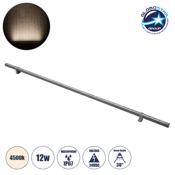GloboStar® WASHER-STELLAR 90576 Μπάρα Φωτισμού Ultra Slim Wall Washer LED 12W 1140lm 30° DC 24V Αδιάβροχο IP67 Μ100 x Π2 x Υ1.8cm Φυσικό Λευκό 4500K – Γκρι Ανθρακί – 3 Years Warranty