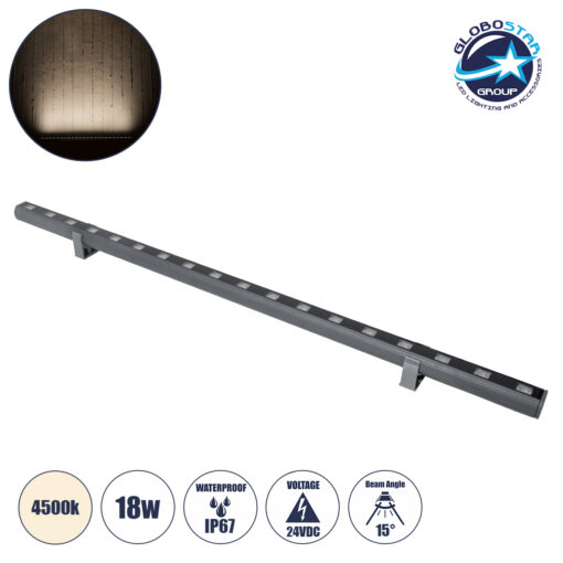 GloboStar® WASHER-PANDA 90580 Μπάρα Φωτισμού Ultra Slim Wall Washer LED 18W 1710lm 15° DC 24V Αδιάβροχο IP67 Μ100 x Π4 x Υ3.5cm Φυσικό Λευκό 4500K – Γκρι Ανθρακί – 3 Years Warranty