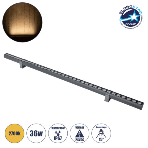 GloboStar® WASHER-PANDA 90583 Μπάρα Φωτισμού Ultra Slim Wall Washer LED 36W 3240lm 15° DC 24V Αδιάβροχο IP67 Μ100 x Π4 x Υ3.5cm Θερμό Λευκό 2700K – Γκρι Ανθρακί – 3 Years Warranty