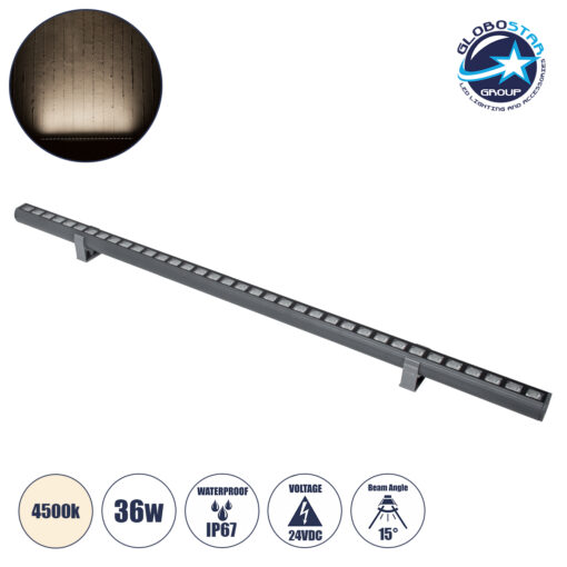 GloboStar® WASHER-PANDA 90584 Μπάρα Φωτισμού Ultra Slim Wall Washer LED 36W 3420lm 15° DC 24V Αδιάβροχο IP67 Μ100 x Π4 x Υ3.5cm Φυσικό Λευκό 4500K – Γκρι Ανθρακί – 3 Years Warranty