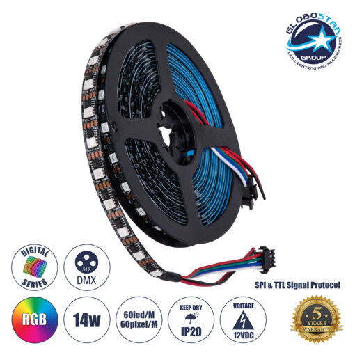 GloboStar® 90604 Digital Pixel Addressable Strip – Ψηφιακή Ταινία LED SMD 5050 14.4W/m 60LED/m 60PIXEL/m SPI/TTL Protocol IC TM1908 1152lm/m 120° DC 12V IP20 RGB – Μαύρο Σώμα – Μ5000 x Π10 x Υ2mm – Συσκευασία 5 Μέτρων – 5 Χρόνια Εγγύηση