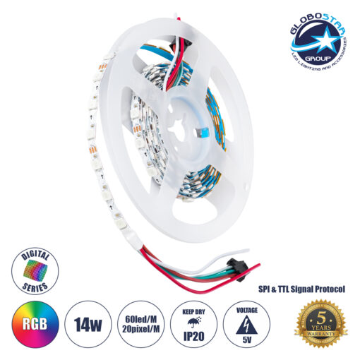 GloboStar® 90606 Digital Pixel Addressable Strip Ultra Slim – Nano Zig Zag S Ψηφιακή Ταινία LED SMD 5050 14.4W/m 60LED/m 20PIXEL/m SPI/TTL Protocol IC WS2812/SK6812 1152lm/m 120° DC 5V IP20 RGB – Λευκό Σώμα – Μ2000 x Π6 x Υ2mm – Συσκευασία 2 Μέτρων – 5 Χρόνια Εγγύηση