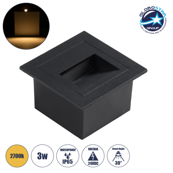 GloboStar® STEP-MINA 90625 Χωνευτό Φωτιστικό Σκαλοπατιού – Διαδρόμου LED 3W 330lm 30° DC 24V Αδιάβροχο IP65 Μ8.3 x Π8.3 x Υ5cm Θερμό Λευκό 2700K – Μαύρο – 3 Years Warranty