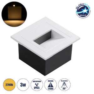 GloboStar® STEP-MINA 90626 Χωνευτό Φωτιστικό Σκαλοπατιού – Διαδρόμου LED 3W 330lm 30° DC 24V Αδιάβροχο IP65 Μ8.3 x Π8.3 x Υ5cm Θερμό Λευκό 2700K – Λευκό – 3 Years Warranty