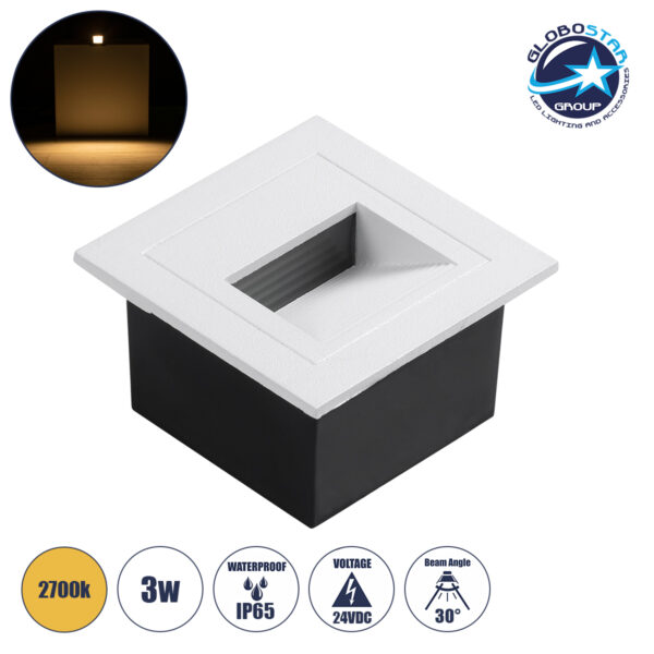 GloboStar® STEP-MINA 90626 Χωνευτό Φωτιστικό Σκαλοπατιού – Διαδρόμου LED 3W 330lm 30° DC 24V Αδιάβροχο IP65 Μ8.3 x Π8.3 x Υ5cm Θερμό Λευκό 2700K – Λευκό – 3 Years Warranty
