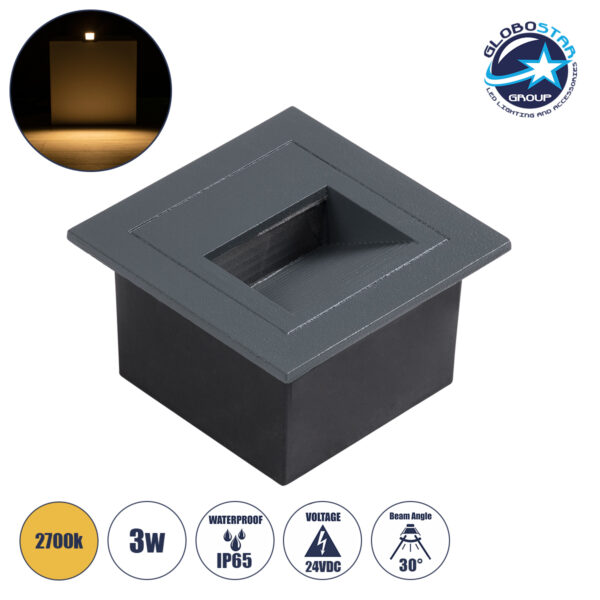 GloboStar® STEP-MINA 90627 Χωνευτό Φωτιστικό Σκαλοπατιού – Διαδρόμου LED 3W 330lm 30° DC 24V Αδιάβροχο IP65 Μ8.3 x Π8.3 x Υ5cm Θερμό Λευκό 2700K – Γκρι Ανθρακί – 3 Years Warranty