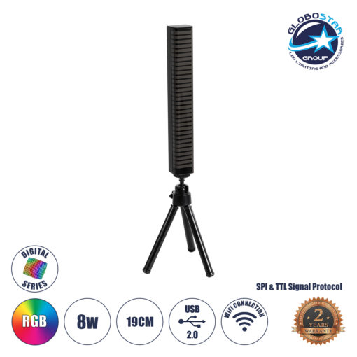GloboStar® DIGICOLUMN 90761 Μοντέρνο Επιτραπέζιο Φωτιστικό Γραφείου WiFi Digital Pixel Rhythm Music Bar LED 8W 640lm 90° DC 5V με USB 2.0 & WiFi Mobile APP IP20 – Εναλλαγή Φωτισμού μέσω WiFi Εφαρμογής – Πολύχρωμο RGB – Dimmable – Μαύρο – Μ2.3 x Π2.5 x Υ19cm – 2 Χρόνια Εγγύηση
