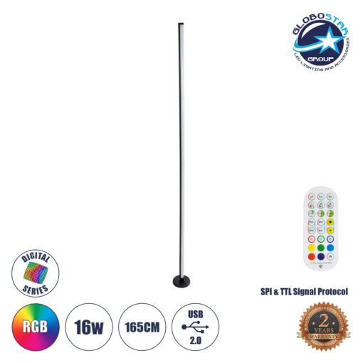 GloboStar® DIGICOLUMN 90764 Μοντέρνο Επιδαπέδιο Φωτιστικό Γραφείου Digital Pixel Symphony Bar LED 16W 1280lm 180° DC 5V με USB 2.0 IP20 – Εναλλαγή Φωτισμού μέσω Τηλεχειριστηρίου – Πολύχρωμα RGB – Dimmable – Μαύρο – Φ3 x Υ165cm – 2 Χρόνια Εγγύηση