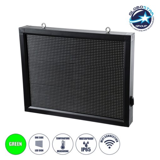 GloboStar® DISPLAY 90801 LED Scrolling Display 64x48cm – Κυλιόμενη Ψηφιακή Πινακίδα / Επιγραφή Μονής Όψης P10 LED SMD AC 220-240V – Λειτουργία μέσω Wi-Fi με Εφαρμογή APP – Αισθήτηρας Θερμοκρασίας και Υγρασίας – Αδιάβροχο IP65 – Μ72 x Π9 x Υ56cm – Πράσινο – 1 Χρόνο Εγγύηση