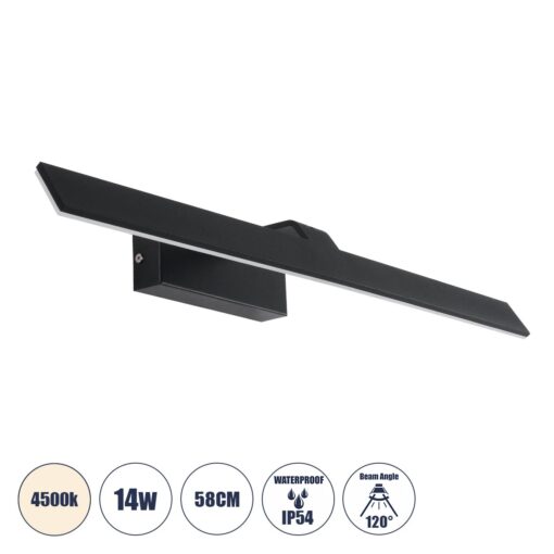 GloboStar® MIRROR 60517 Φωτιστικό Τοίχου – Απλίκα LED 14W 1680lm 120° AC 85-265V IP54 Φυσικό Λευκό 4500K Μαύρο Μέταλλο – Μ58 x Π15 x Υ6cm – 2 Xρόνια Εγγύηση