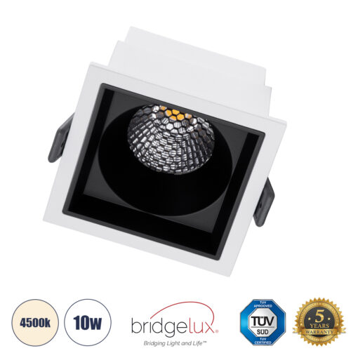 GloboStar® PLUTO-M 60270 Χωνευτό LED Spot Downlight TrimLess Μ8.4xΠ8.4cm 10W 1300lm 38° AC 220-240V IP20 Μ8.4 x Π8.4 x Υ5.9cm – Τετράγωνο – Λευκό με Μαύρο Κάτοπτρο & Anti-Glare HoneyComb – Φυσικό Λευκό 4500K – Bridgelux COB – 5 Years Warranty