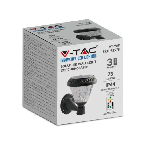 LED Ηλιακό Φαναράκι Τοίχου με RF Control V-TAC IP44 Μαύρο Σώμα  CCT – 93575