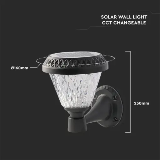 LED Ηλιακό Φαναράκι Τοίχου με RF Control V-TAC IP44 Μαύρο Σώμα  CCT – 93575