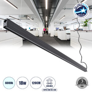 GloboStar® MARKET 61020-P Γραμμικό Κρεμαστό Φωτιστικό Linear LED 18W 2230lm 60° AC 220-240V Μ120 x Π2 x Υ4cm Ψυχρό Λευκό 6000K – Μαύρο – 3 Years Warranty