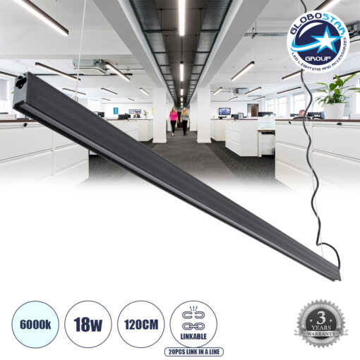 GloboStar® MARKET 61020-P Γραμμικό Κρεμαστό Φωτιστικό Linear LED 18W 2230lm 60° AC 220-240V Μ120 x Π2 x Υ4cm Ψυχρό Λευκό 6000K – Μαύρο – 3 Years Warranty