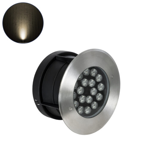 GloboStar® UNDERGROUND-SINA 90571 Χωνευτό Φωτιστικό Σποτ Δαπέδου LED 18W 1620lm 15° DC 24V Αδιάβροχο IP68 Φ20 x Υ11cm Θερμό Λευκό 2700K – Ανοξείδωτο Ατσάλι – 3 Χρόνια Εγγύηση