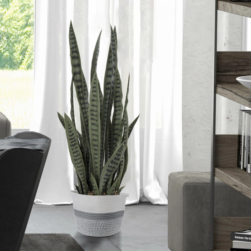 GloboStar® Artificial Garden POSITANO 20319 Διακοσμητικό Πλεκτό Καλάθι – Κασπώ Γλάστρα – Flower Pot Γκρι με Λευκό Φ25cm x Υ25cm