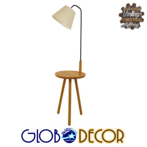 GloboStar® TIFFANY 01206 Μοντέρνο Φωτιστικό Δαπέδου Μονόφωτο 1 x E27 Μαύρο Μεταλλικό με Μπεζ Ξύλινη Επιφάνεια Καμπάνα D28 x H140cm