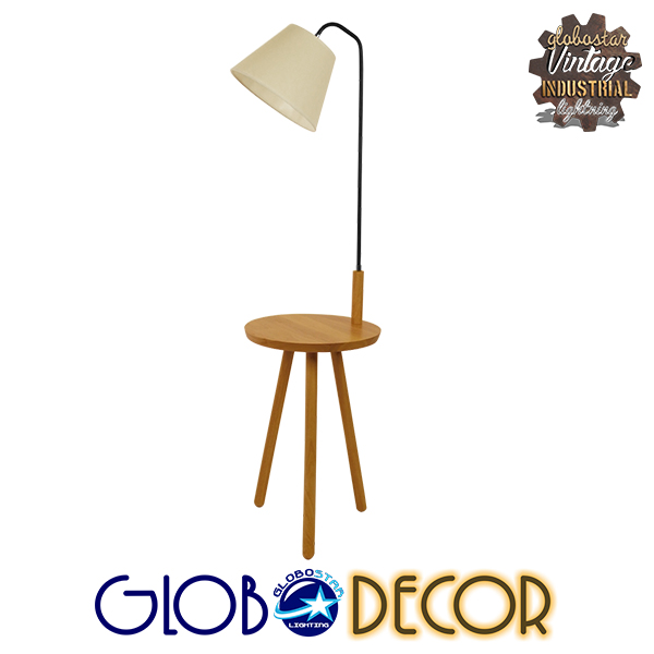 GloboStar® TIFFANY 01206 Μοντέρνο Φωτιστικό Δαπέδου Μονόφωτο 1 x E27 Μαύρο Μεταλλικό με Μπεζ Ξύλινη Επιφάνεια Καμπάνα D28 x H140cm
