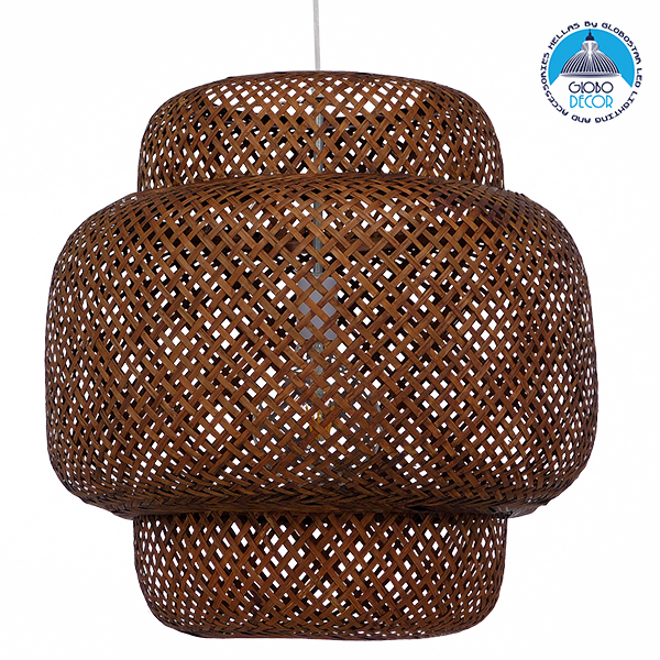 GloboStar® MALDIVES 01658 Μοντέρνο Κρεμαστό Φωτιστικό Οροφής Μονόφωτο 1 x E27 Καφέ Σκούρο Bamboo Πλέγμα Φ56 x Υ54cm