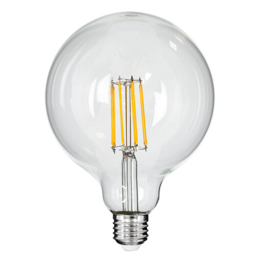GloboStar® 99014 Λάμπα LED Long Filament E27 G125 Γλόμπος 12W 1200lm 360° AC 220-240V IP20 Φ12.5 x Υ18cm Θερμό Λευκό 2700K με Διάφανο Γυαλί – Dimmable – 3 Years Warranty