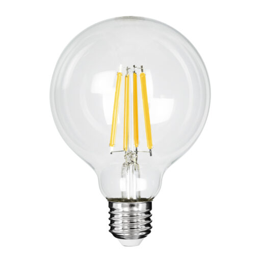 GloboStar® 99084 Λάμπα LED Long Filament E27 G95 Γλόμπος 4W 840lm 360° AC 220-240V IP20 Φ9.5 x Υ13.8cm Θερμό Λευκό 2700K με Διάφανο Γυαλί – Pro Series 210lm/W – A Ενεργειακή Κλάση – 3 Χρόνια Εγγύηση