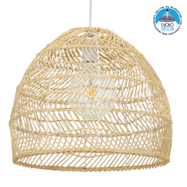 GloboStar® MALIBU 00973 Vintage Κρεμαστό Φωτιστικό Οροφής Μονόφωτο 1 x E27 Μπεζ Ξύλινο Bamboo Φ40 x Y35cm