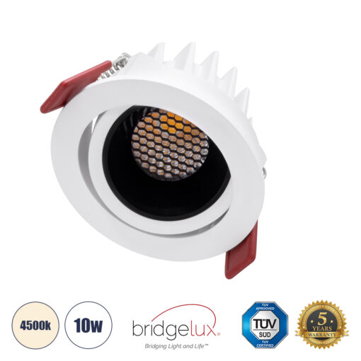 GloboStar® LEO-R 60282 Χωνευτό LED Spot Downlight TrimLess Φ8.5cm 10W 1300lm 38° AC 220-240V IP20 Φ8.5 x Υ6.6cm – Στρόγγυλο – Κινούμενο – Λευκό με Μαύρο Κάτοπτρο & Anti-Glare HoneyComb – Φυσικό Λευκό 4500K – Bridgelux COB – 5 Years Warranty