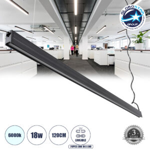 GloboStar® OFFICE 61023-P Γραμμικό Κρεμαστό Φωτιστικό Linear LED 18W 2230lm 120° AC 220-240V Μ120 x Π2 x Υ4cm Ψυχρό Λευκό 6000K – Μαύρο – 3 Years Warranty