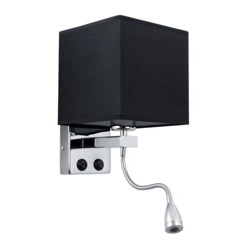 GloboStar® ELEGANT 01494 Μοντέρνο Φωτιστικό Τοίχου Απλίκα Μεταλλικό Χρώμιο Νίκελ με Μαύρο Ύφασμα Δίφωτο 1xE27 – Ρυθμίζόμενο Σώμα Σπιράλ με CREE LED 3W Θερμό Λευκό 2700K – Διακόπτες On / Off Μ17 x Π21 x Υ43cm