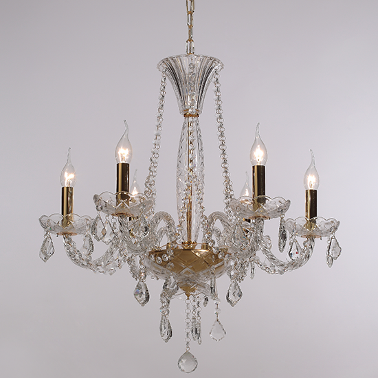 ACA DECOR  – Κρεμαστό Φωτιστικό 6ΧΕ14 Διάφανο Κρύσταλλο + Χρυσό Μεταλλικό Φ64ΧΗ160cm