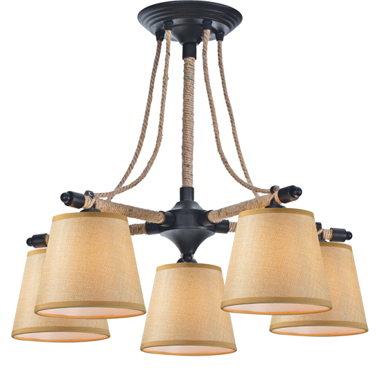 ACA DECOR   – Φωτιστικό Οροφής 5ΧΕ14 Μεταλλικό Μαύρο + Σχοινί + Μπεζ Αμπαζούρ Φ57ΧΗ48cm