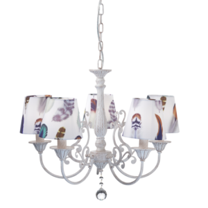 ACA DECOR   – Κρεμαστό Φωτιστικό 5ΧΕ14 Μεταλλικό Λευκό-Μωβ + Αμπαζούρ Φτερά Φ60ΧΗ93cm