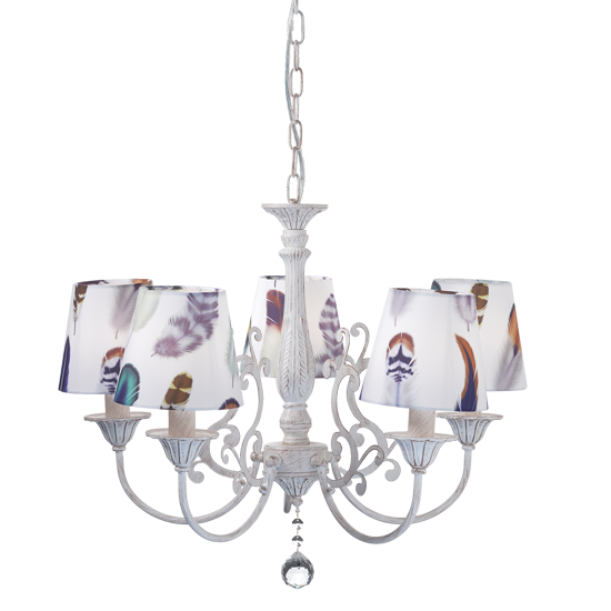 ACA DECOR   – Κρεμαστό Φωτιστικό 5ΧΕ14 Μεταλλικό Λευκό-Μωβ + Αμπαζούρ Φτερά Φ60ΧΗ93cm