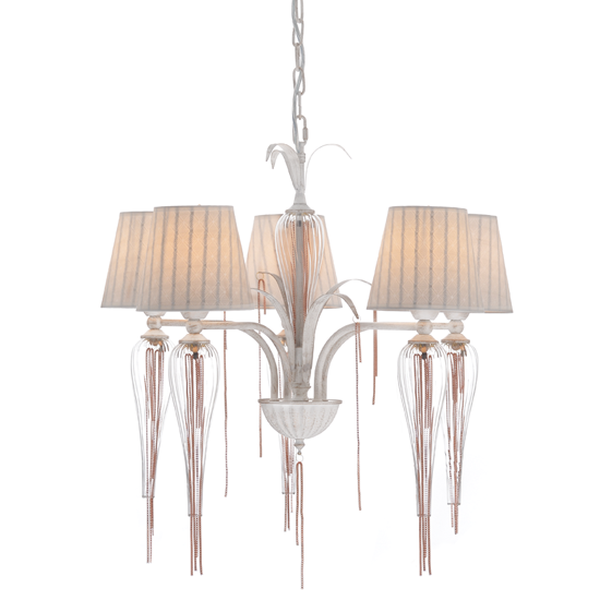 ACA DECOR  – Κρεμαστό Φωτιστικό 5ΧΕ14 Μεταλλικό Λευκό-Χρυσό Αμπαζούρ + Γυαλί + Αλυσίδα Rose Gold Φ61ΧΗ102cm