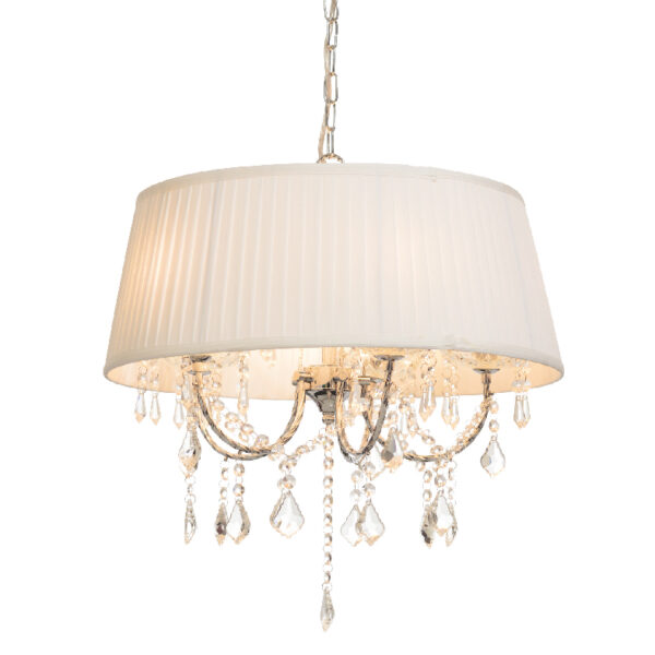 Κρεμαστό Φωτιστικό Πολυέλαιος 5ΧΕ14 Μεταλλικό Χρώμιο Λευκό Ύφασμα & Κρύσταλλα ACA DECOR – FMD968305