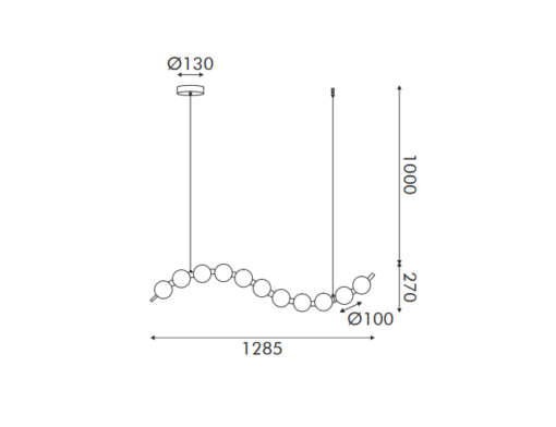 Pendant light fixture technical diagram with dimensions: Ø130, Ø100, height 1000, drop 270, width 1285.