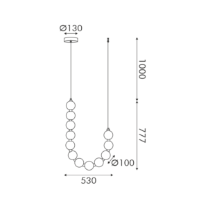 Διάγραμμα διαστάσεων κρεμαστού φωτιστικού με 12 σφαίρες, μήκους 1000 mm και πλάτους 530 mm.