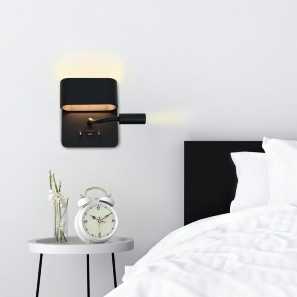 InLight Φωτιστικό Τοίχου – Απλίκα Ξενοδοχείου LED 9W 3000K Mε USB από μαύρο μέταλλο D:16cm (43036-BL)